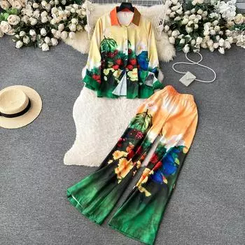 Модельер с принтом на подиуме, костюм из двух частей, воротник-поло, однобортная рубашка + эластичная талия, широкие брюки, длинные брюки, модный осенний комплект M разноцветный