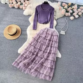 Модельерский комплект, женский вязаный свитер с шипами и бриллиантами + длинная тюлевая сетчатая юбка-тортик, комплект из двух предметов S бежевый