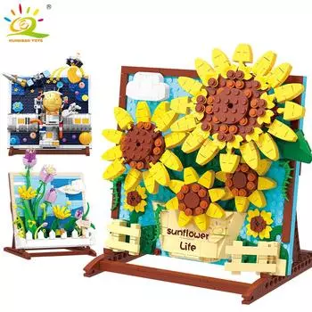 Модель фоторамки с подсолнухом, наборы строительных блоков, детский космический астронавт, MOC, строительные игрушки для детей, кирпичи, цветы A