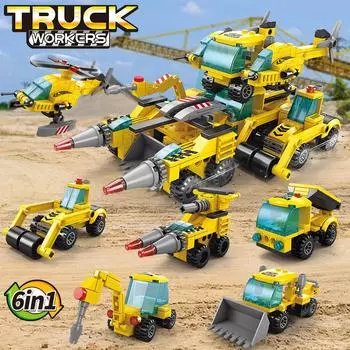 Модель инженерного автомобиля 6 в 1. Детские строительные блоки «сделай сам», игрушки-собранная городская инженерия, мини-автомобиль с прицепом, 461 шт. с