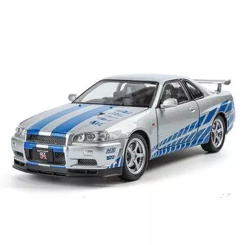 Модель легкосплавного автомобиля Nissan GTR-R34 в масштабе 1/24 с аутентичными звуковыми эффектами, коллекционная игрушка премиум-класса для детей и взрослых серебряный