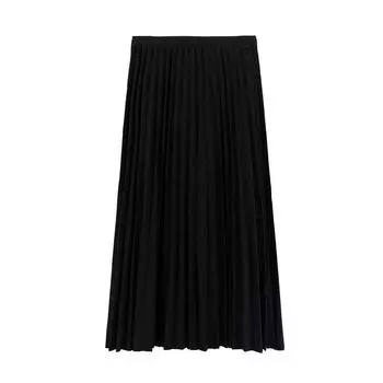 Model real autumn and winter pleated skirt medium and long skirt solid color A-shaped skirt elastic waist One Size чёрный