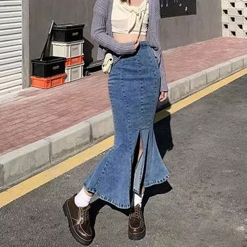 Модели на осень и зиму Юбка-бюстье с оборками и открытыми плечами, эластичная узкая юбка-бюстье с высокой талией, ковбойская юбка-рыбий хвост, женская джинсовая юбка-бюстье S синий