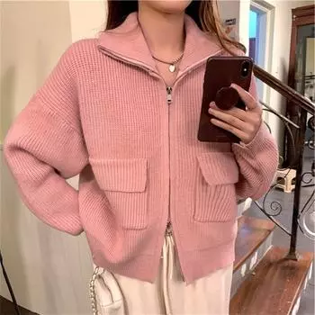 Модели на осень и зиму в стиле Гонконга, стареющий темперамент, дикий вязаный свитер, свободный кардиган, ленивый, модный, на молнии, свитер, удобный, универсальный One size зелёный