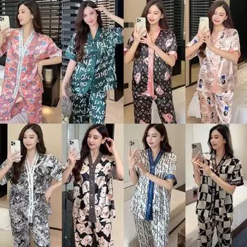 Модели пижам Ice Silk, женские летние пижамы с короткими рукавами и длинными штанами, кардиган с мультяшным рисунком, домашняя одежда с зелеными буквами L