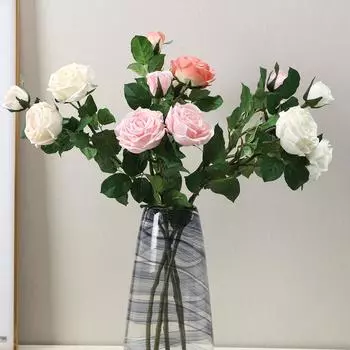 Моделирование 3 Голова Ощущение Увлажняющий Медовый Роза Домашний Гостиный Декор Горшок Искусственный Цветок Имитация Розы 74cm белый