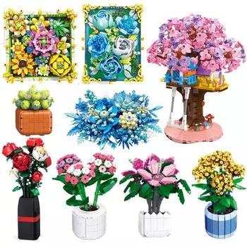 Моделирование строительных блоков Цветок Синий Мелкие Частицы Образовательная Сборка Игрушка Украшения