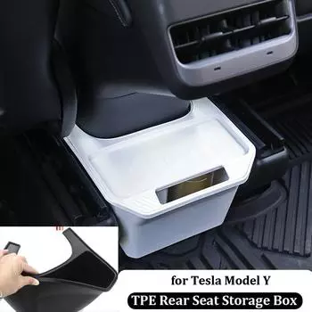 ModelY 2023 Аксессуары для Tesla Model Y Ящик для хранения на заднем сиденье Ящик-органайзер из термопластичного эластомера с крышкой Держатель для телефона Мусорное ведро под сиденьем чёрный