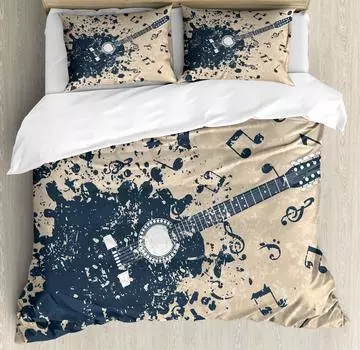 Modern Beige Dark Blue Duvet Cover Acoustic Guitar on Retro Murky Background Music Notes Melody Illustration Bedroom Decorative 70x133cm 2pcs