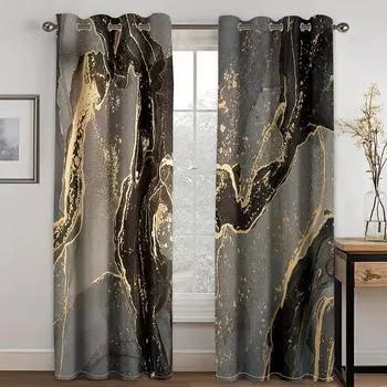 Modern Black Gold Texture Marbling Abstract Design 2 Pieces Shading Window Curtain For Living Room Bedroom Decor 1x50W60H(CM)&Hook