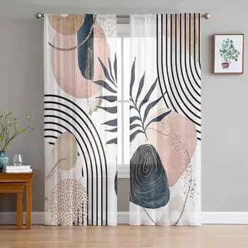Modern Boho Geometric Abstract Sheer Curtains for Living Room Decoration Window Curtains Kitchen Tulle Voile Organza Curtains W135 x H115cm x1