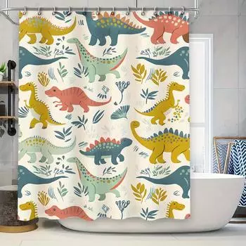 Modern Cartoon Dinosaur Bath Curtains Kids Bathroom Decor Shower Curtain Set in Multicolor for Home Decoration 72x84in (190cm x 90x180cm