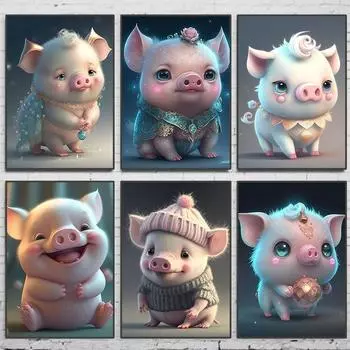 Modern Cute Animal Poster Laughing Pig Canvas Painting Print Wall Art Picture Nursery Kids Room Home Decoration Mural Gift 21cm30cm NoFrame