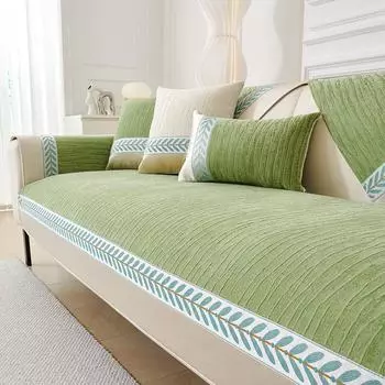 Modern Four Seasons Sofa Cushion Printing Chenille Solid Color Embroidered Wheat Leaf Edge Sofa Cover Anti Slip Couch Mat 70x70cm 1pcs