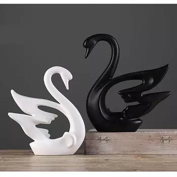 Modern Home Decor Swan Couple | Matte Finish Ceramic Statues (Set of 2 Pcs, White and Black)