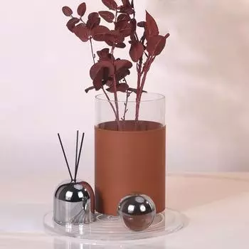 Modern Light Luxury Vase Glass Leather Art Flower Ornaments Restaurant Hotel Model Room Soft Decoration Round Decorations Medium - Orange