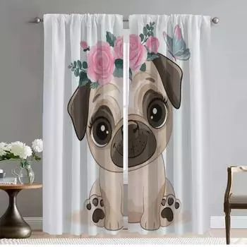 Modern Living Room Curtains 2 Pieces Cute Dog Panda Tulle for Bedroom Window Curtain Home Interior Curtains Shades Partition W50xH70cmx2pcs-CL