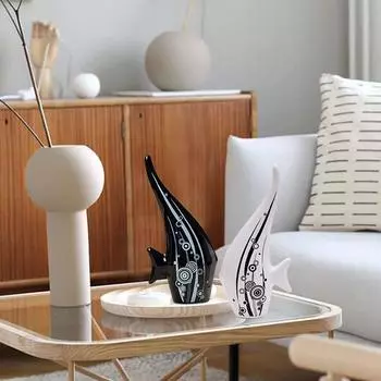 Modern Minimalist Black and White Bubble Fish Art Figure | Beautiful Home Decor- (Set of 2 pc), Ceramic