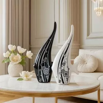 Modern Minimalist Black and White Bubble Fish Art Figure | Beautiful Home Decor- (Set of 2 pc), Ceramic