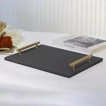 Современный минималистский плетеный кожаный поднос, роскошный металлический поднос для хранения, модель комнаты, гостиной, спальни, украшения Woven Square Handle Tray - Black M101687