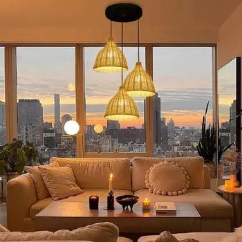 Modern Natural Materials Rattan Lamp Basket Light Fixture Home Decor Chandelier Pendant Lights for Farmhouse Villa No Bulb чёрный