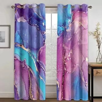 Modern Purple Black Golden Marble Abstract Art Crack 2pcs Curtain for Living Room Bedroom Digital Printing Window Drape Decor W50xH130(CM)x2pcs&HOOK
