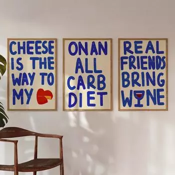 Modern Real Friends Bring Wine Cheese Lover All Carb Diet Quotes Wall Art Prints Canvas Painting Poster Pictures For Living Room 21x30cm No Framed