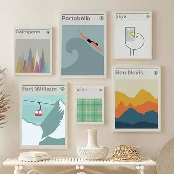 Modern Retro Schotland Travel Art Print Pop Poster Kitchen Wall Pictures Minimalist Geometric Mountain Hiking Home Decor Murals 21x30cm No Framed