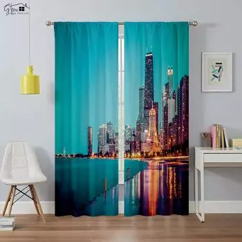 Modern Simple City Architecture 3D Printed Curtains Street View River View Living Room Floor-To-Ceiling Windows Custom Curtains W50xH130(CM)x2PCS&Grommet Top