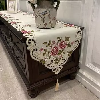 Современный простой вышитый стол с флагом из полиэстеровой ткани, цветок, полая обеденная тумба, тумба под телевизор, длинная скатерть, скатерть, скатерть 40*120cm белый