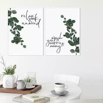 Modern Simple Plant Poster Art Quote Relax Soak Unwind Prints Canvas Painting Wash Your Worries Away Wall Bathroom Kitchen Decor 21x30cm No Framed