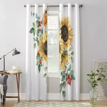 Modern Window Curtains Bouquet of Sunflower and Bird Luxury Fashion Curtains for Living Room Bedroom Kitchen Drapes 135W x 60H(cm) x1