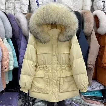 Модернизированная 2024 новая талия и тонкий утолщенный пуховик женская белая утиная пуховая куртка средней и длинной длины с капюшоном зимняя куртка S белый