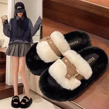 Модернизированная версия женских тапочек Мао Мао, осенне-зимняя новинка, интернет-знаменитость, мягкая подошва, пряжка на ремне, одно слово, тапочки Мао, домашние тапочки 35