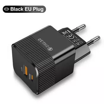 Модернизированное быстрое зарядное устройство 20 Вт для MacBook Pro/iPhone 16/Samsung S25 — компактное, 2 порта, сертифицированное, горячая распродажа, глобальная версия EU Black
