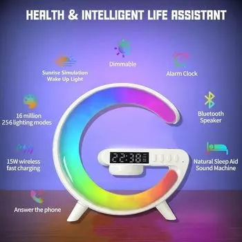 Модернизированное зарядное устройство для беспроводной колонки, беспроводная зарядная станция мощностью 15 Вт, настольная лампа 4 в 1 в форме буквы G, будильник и динамик Bluetooth белый