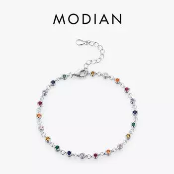 Модиан богемный стиль браслет-цепочка для женщин стерлингового серебра 925 пробы Радужный цвет CZ женский модный ювелирный аксессуар серебряный