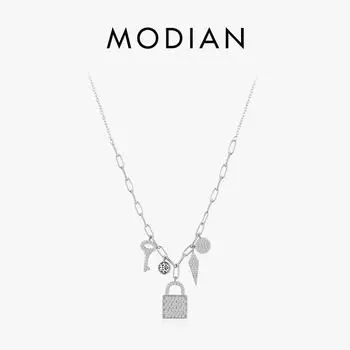 Модиан модное ожерелье из стерлингового серебра 925 пробы для женщин, ожерелье с геометрическим кулоном и замком на ключ, свадебные украшения для помолвки серебряный