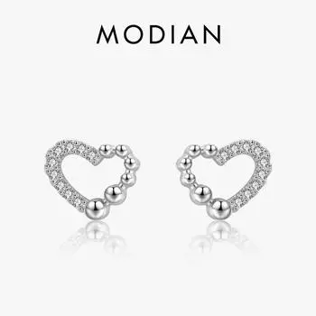 Modian нерегулярные серьги-гвоздики с милыми сердечками для женщин, однотонные серьги из стерлингового серебра 925 пробы с прозрачным фианитом, классические серьги, модные ювелирные изделия, бижутерия серебряный