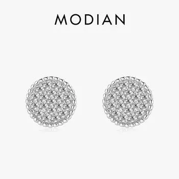 Модиан, роскошные серьги-гвоздики из стерлингового серебра 925 пробы с пуговицами для женщин, простые круглые серьги-гвоздики с мерцающим прозрачным фианитом, свадебные ювелирные украшения серебряный