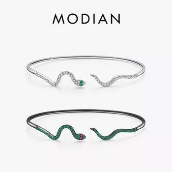 Модиан Роскошный сверкающий черный браслет в виде змеи из стерлингового серебра 925 пробы в стиле панк с регулируемым браслетом из циркония для женщин вечерние ювелирные изделия серебряный