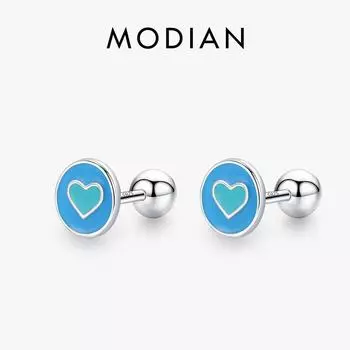 Модиан, стерлинговое серебро 925 пробы, эмалированное сердце, простые круглые серьги-гвоздики, минималистичные серьги с винтовыми бусинами для женщин, ювелирные изделия, подарки серебряный