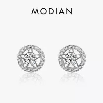 Модиан, стерлинговое серебро 925 пробы, круг со сверкающими звездами, прозрачные серьги с фианитом Sutd для женщин, очаровательные свадебные ювелирные украшения, бижутерия серебряный