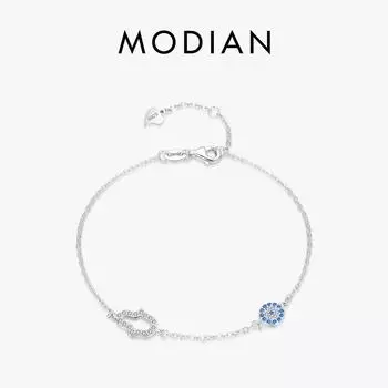 Модиан, стерлингового серебра 925 пробы, блестящий прозрачный CZ, браслет с голубыми глазами, регулируемая цепочка для женщин, подарок на день рождения, ювелирные украшения серебряный