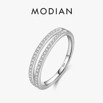 Modian стерлингового серебра 925 пробы двойной круг линии простой прозрачный CZ кольцо на палец блестящие модные кольца для женщин свадебные украшения 6 серебряный