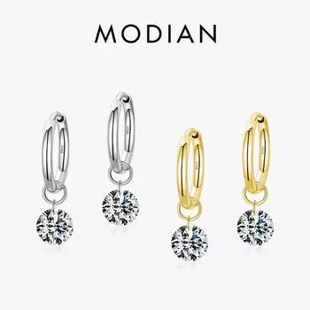 Модиан стерлингового серебра 925 пробы классические круглые сверкающие прозрачные серьги-кольца с фианитами для женщин роскошные свадебные эффектные ювелирные изделия серебряный