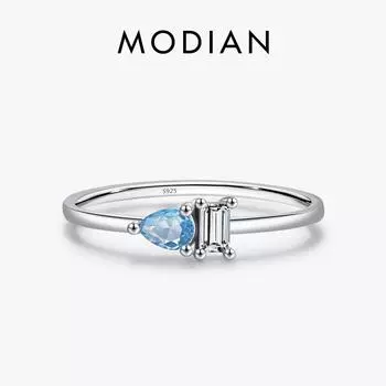 Модиан, стерлингового серебра 925 пробы, классическое синее кольцо с каплями воды, прямоугольное блестящее кольцо с фианитом для женщин, свадебная вечеринка, изящные ювелирные изделия, подарок 5 серебряный