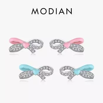 Модиан стерлингового серебра 925 пробы милые розовые и синие эмалированные серьги-гвоздики с бантом проложить циркон для женщин ювелирные изделия подарки серебряный