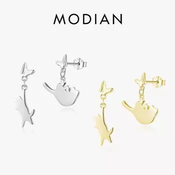 Модиан, стерлингового серебра 925 пробы, милые серьги-гвоздики с играющим котом для женщин, заколки для ушей в виде животных, ювелирные аксессуары для вечеринок серебряный