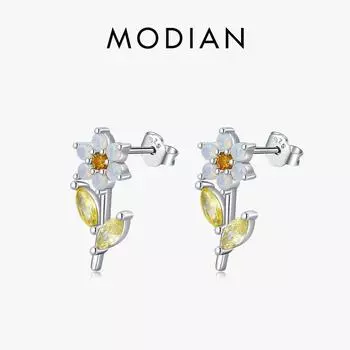 Modian стерлингового серебра 925 пробы простой цветок опал элегантные серьги-гвоздики с кристаллами для женщин модные блестящие серьги-гвоздики для ушей изящные ювелирные изделия в подарок серебряный